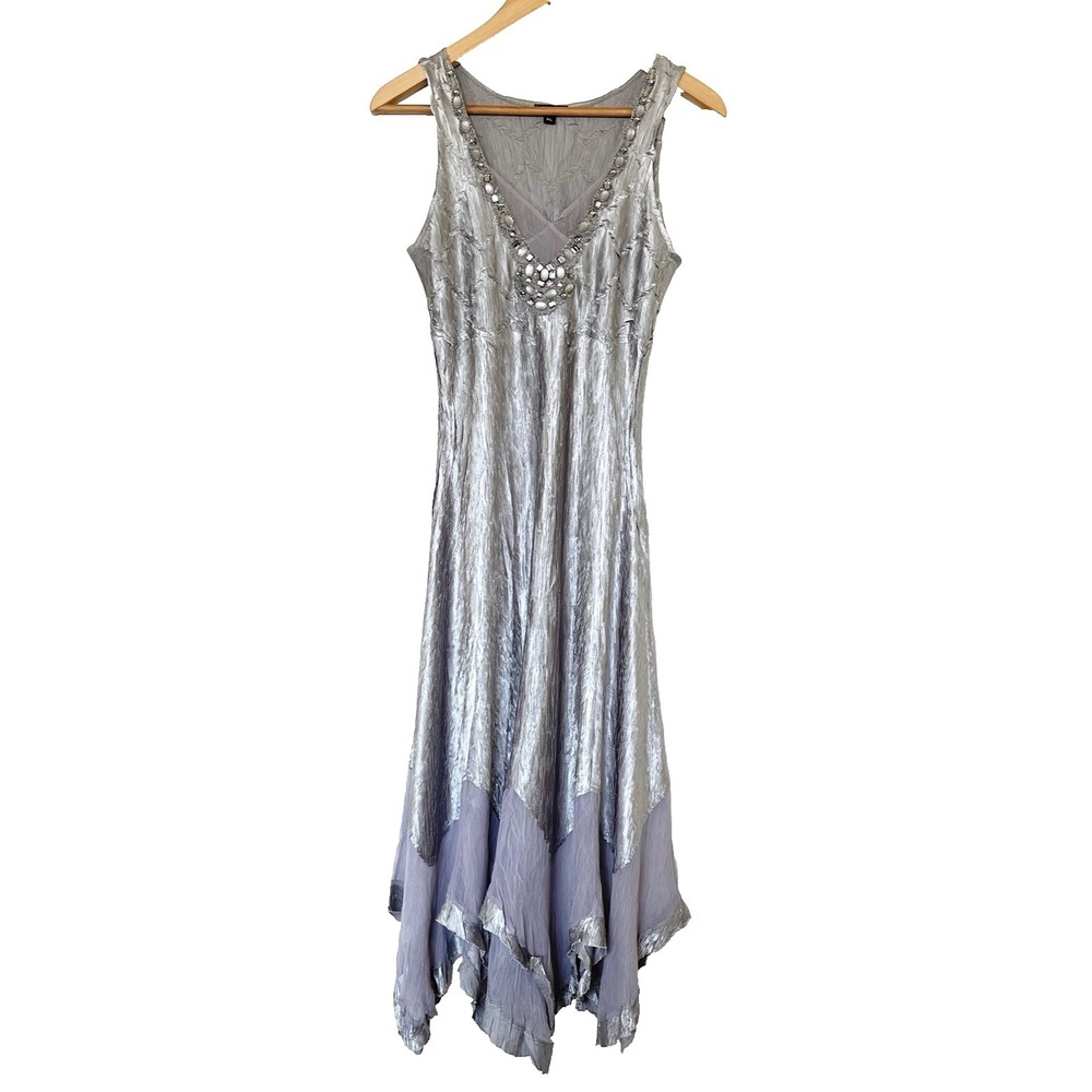 VTG Komarov Babydoll Fairy Maxi Dress Sz PL Beaded Asymmetrical Whimsy Occasion